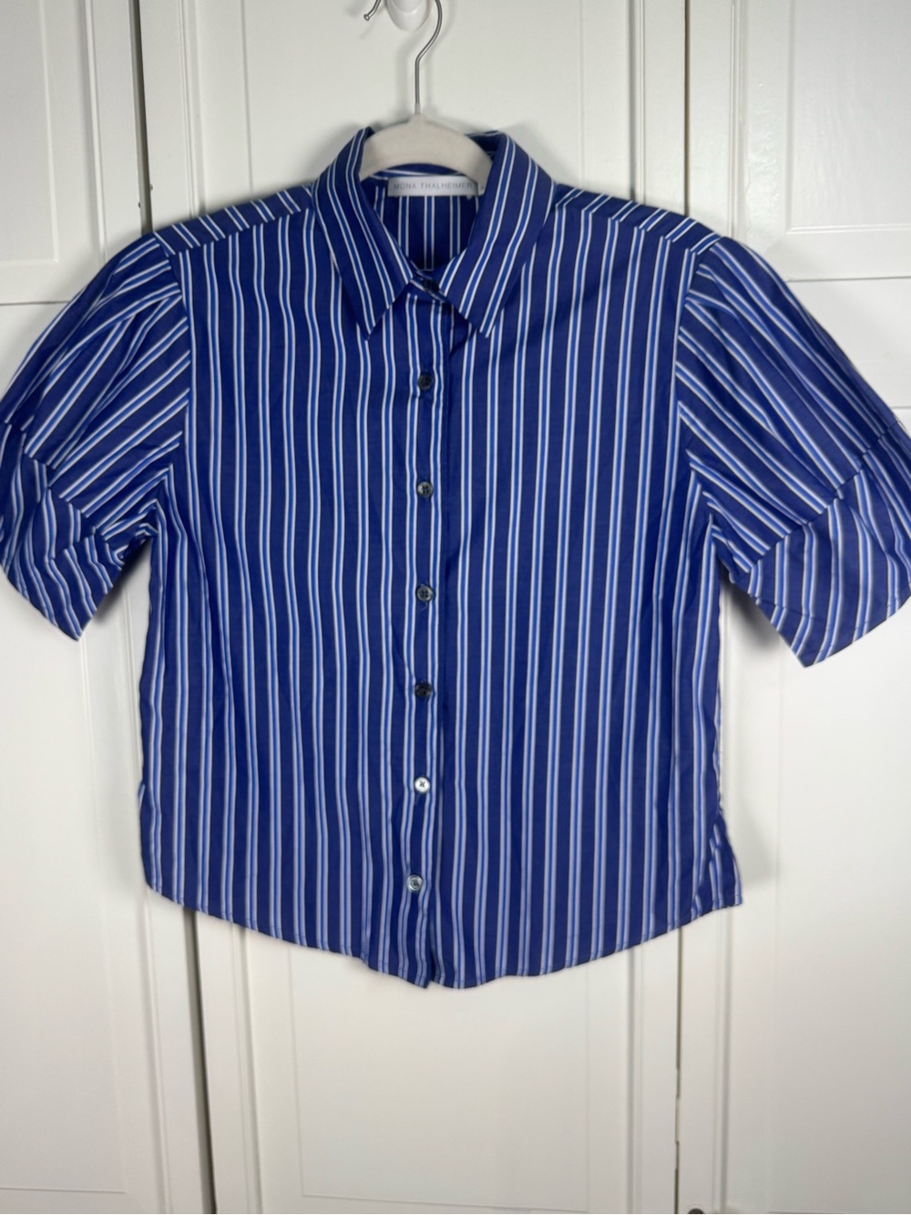 Mona Thalheimer Blue White Striped Cotton Button Front Blouse XS